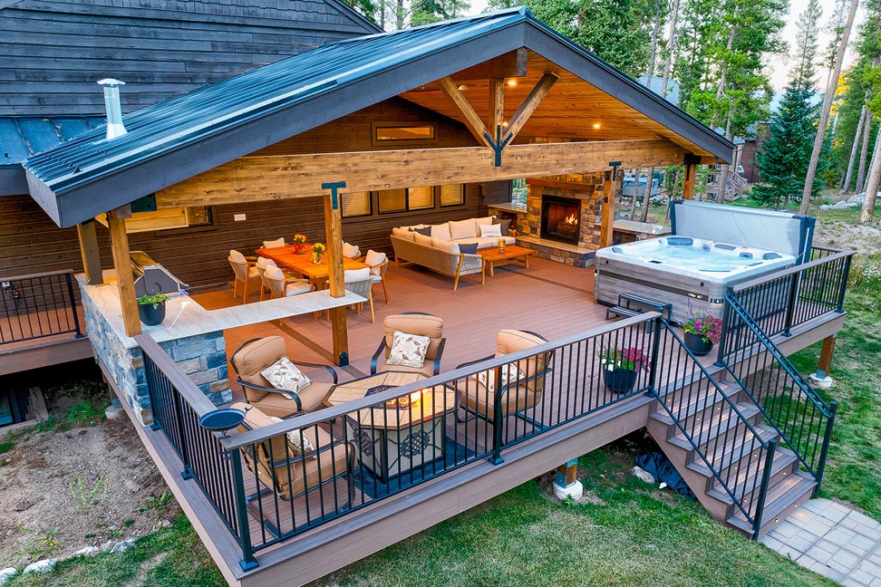 High end deck with outdoor seating-outdoor kitchen-outdoor fireplace-outdoor firepit- outdoor hot tub