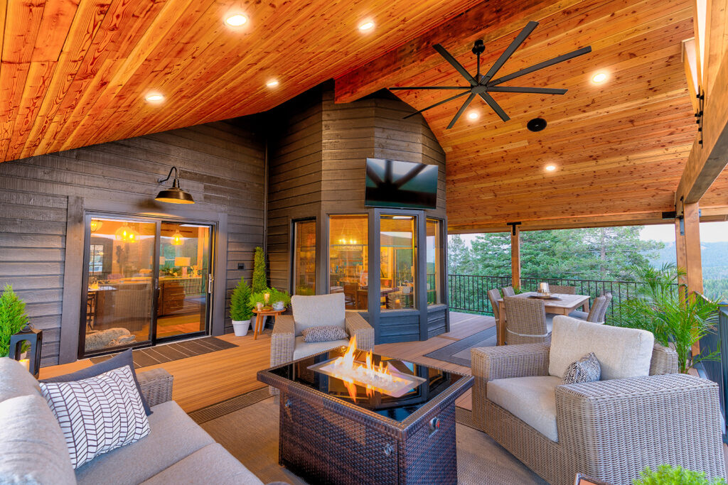 Covered outdoor living space built for snow and sun in Colorado