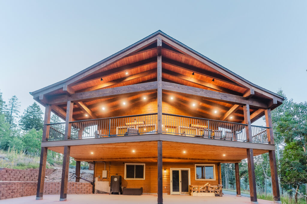 high end custom deck with timber frame-covered deck-heaters-outdoor living-Littleton colorado