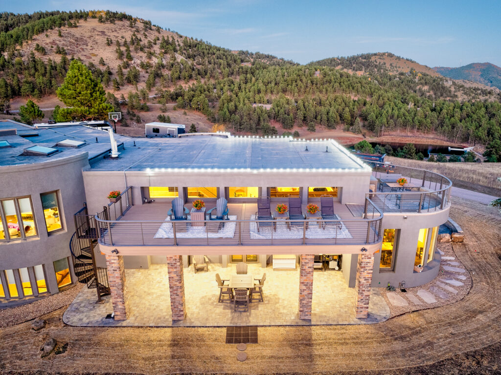 Genesee deck builder with cable rail, rain escape, outdoor living, cable rail, heaters, Tongue and groove ceiling.
